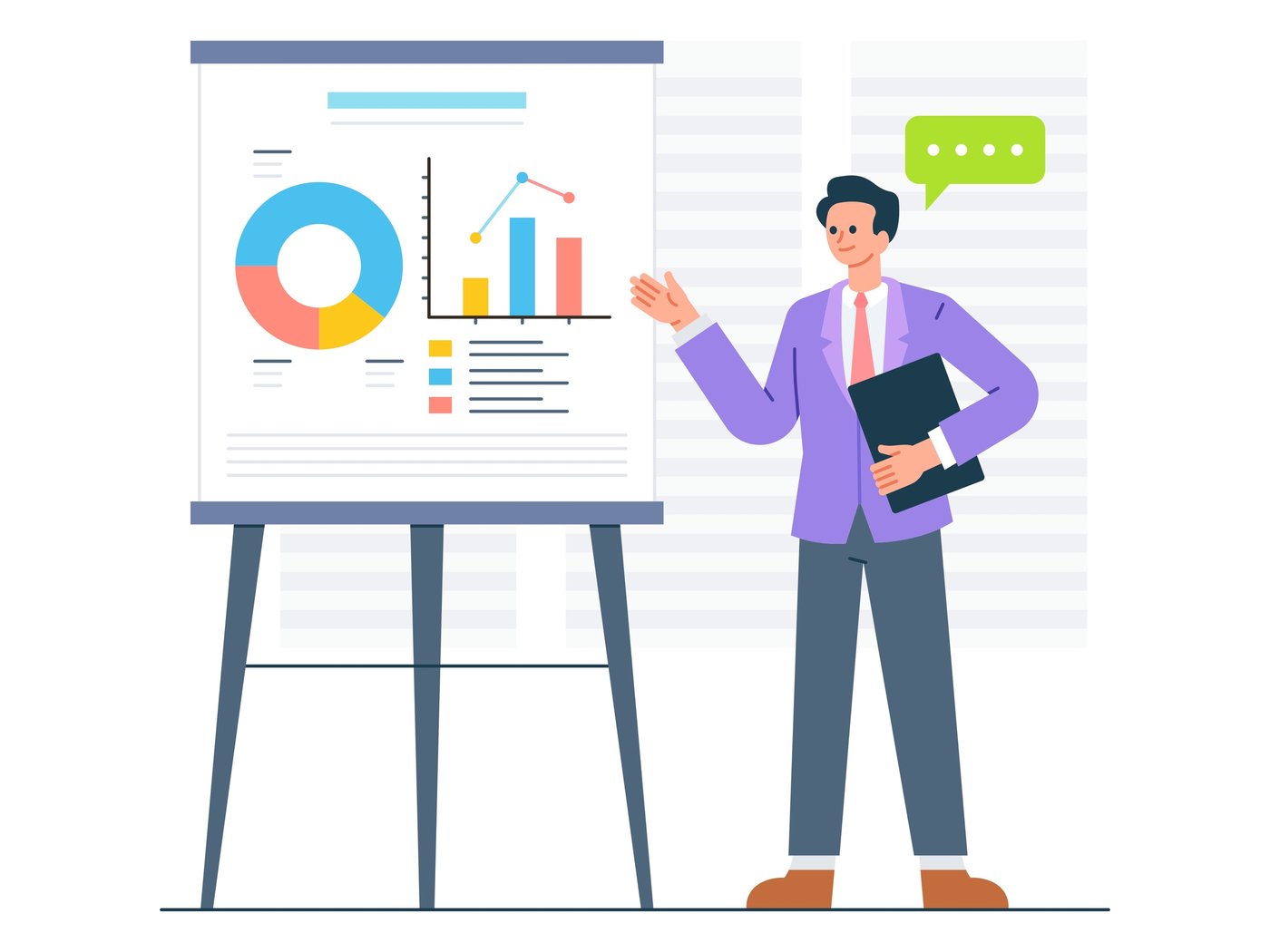 An advisor presenting financial charts and reports on a whiteboard