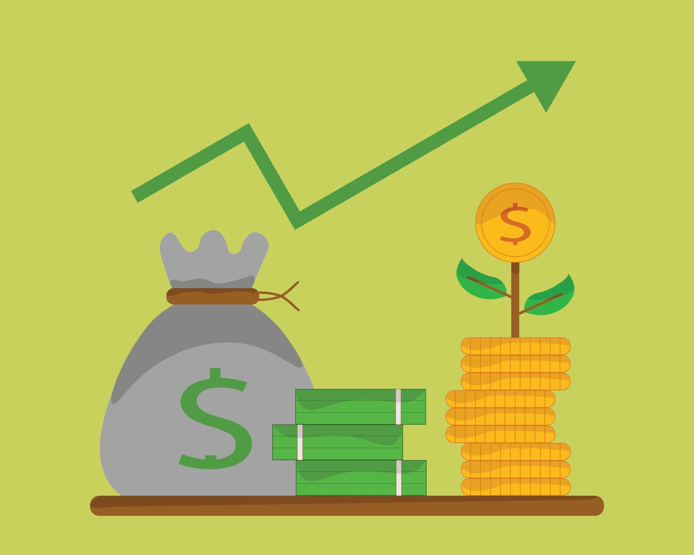 A money bag and stacked cash next to a coin stack with a growing plant and an upward trend arrow